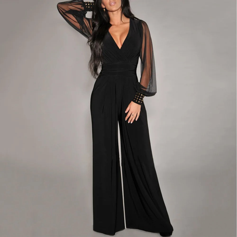 Women's Wrap-Front Wide-Leg Jumpsuit with Long Sleeves in Black and Blue | Koossa