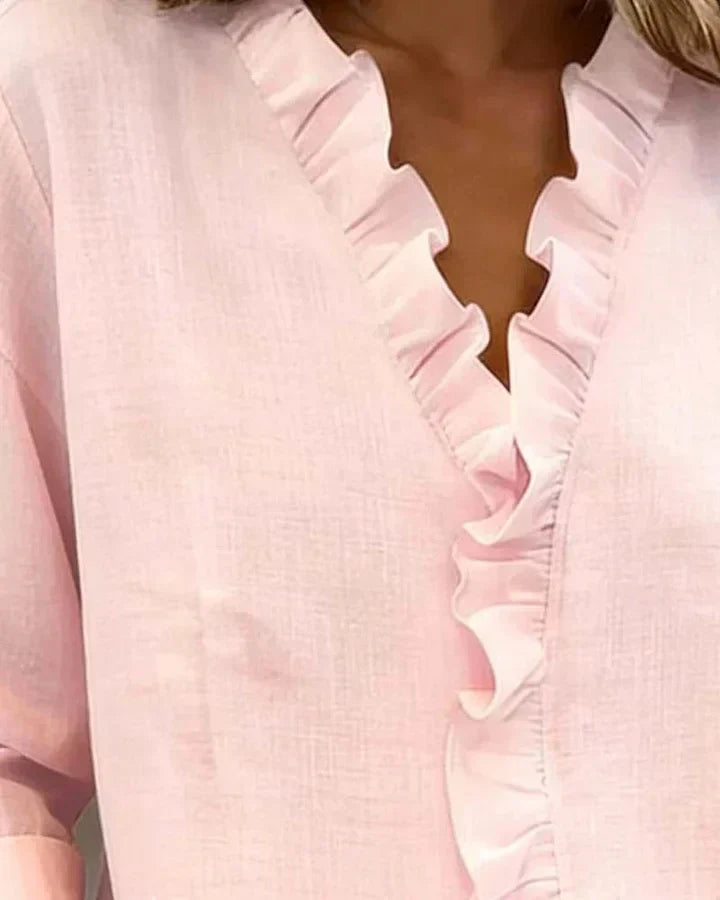 Women's Ruffled V-Neck Long Sleeve Blouse in Lightweight Fabric for Work and Weekend Wear | Koossa