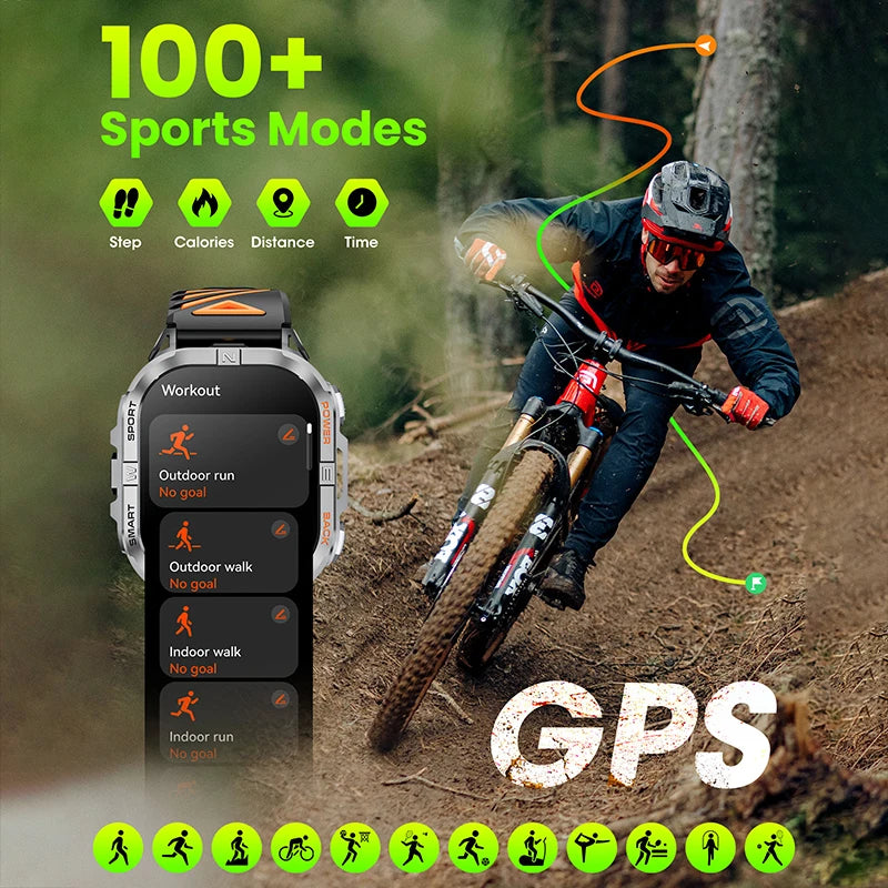 Rugged Outdoor Smartwatch with Built-In GPS Compass Bluetooth Calling 2.13-Inch AMOLED Display 580mAh Battery LED Flashlight Fitness Tracker | Lonoma