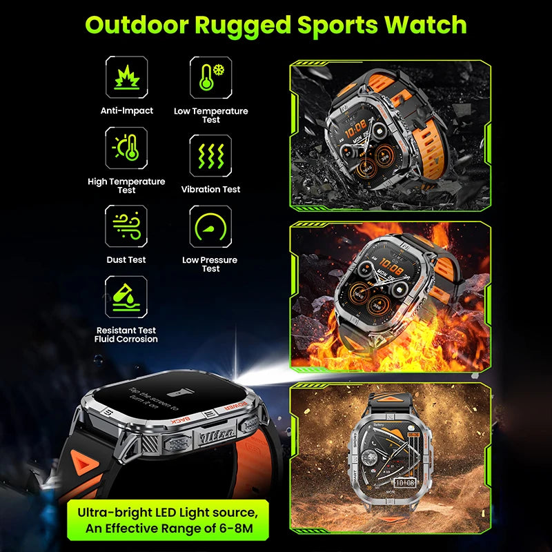 Rugged Outdoor Smartwatch with Built-In GPS Compass Bluetooth Calling 2.13-Inch AMOLED Display 580mAh Battery LED Flashlight Fitness Tracker | Lonoma