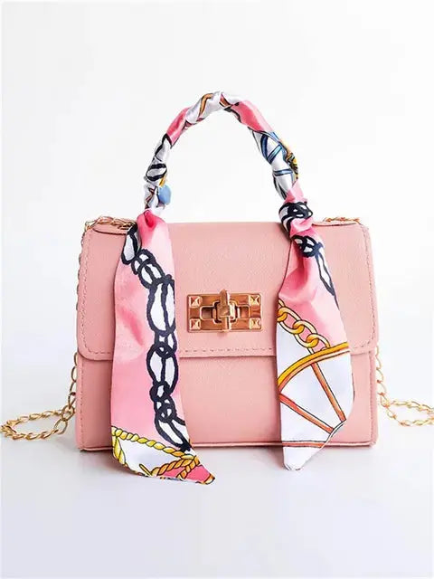 Structured Crossbody Bag with Scarf-Wrapped Handle in Premium Faux Leather — Twist-Lock Closure and Gold-Tone Hardware for Timeless Sophistication | Koossa