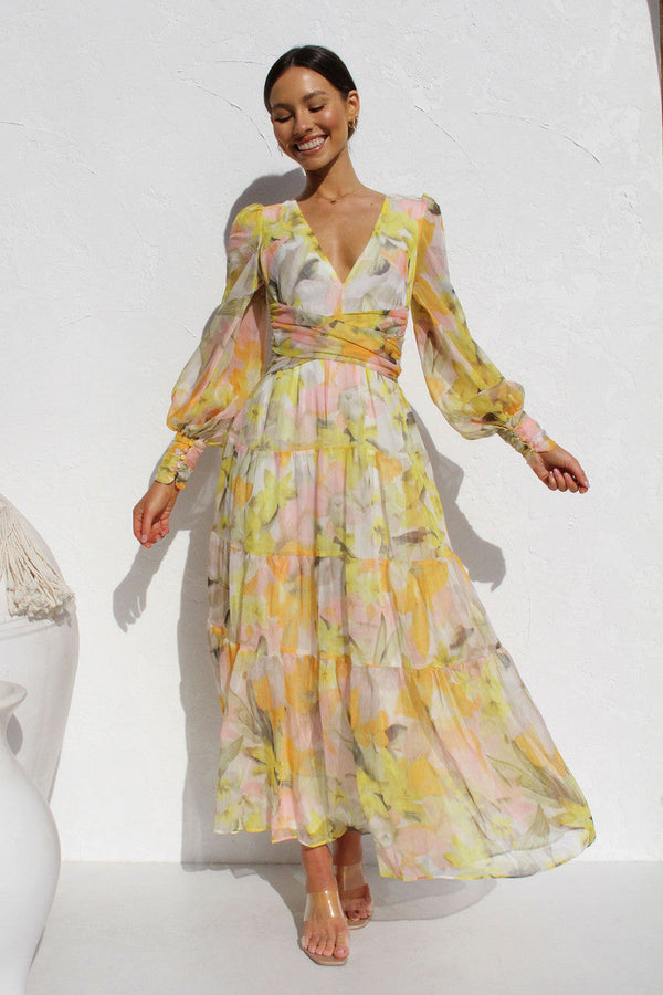 Women's Floral Midi Dress with V-Neckline — Elegant Dress for Garden Parties & Weekend Occasions | Koossa