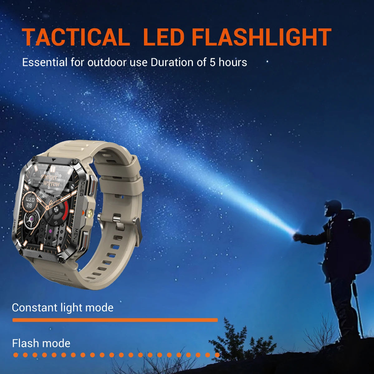Tactical GPS Smartwatch with AI Voice Assistant + Bluetooth Calling + 120 Sport Modes + Built-In LED Flashlight for Hiking Outdoor Adventures | Lonoma