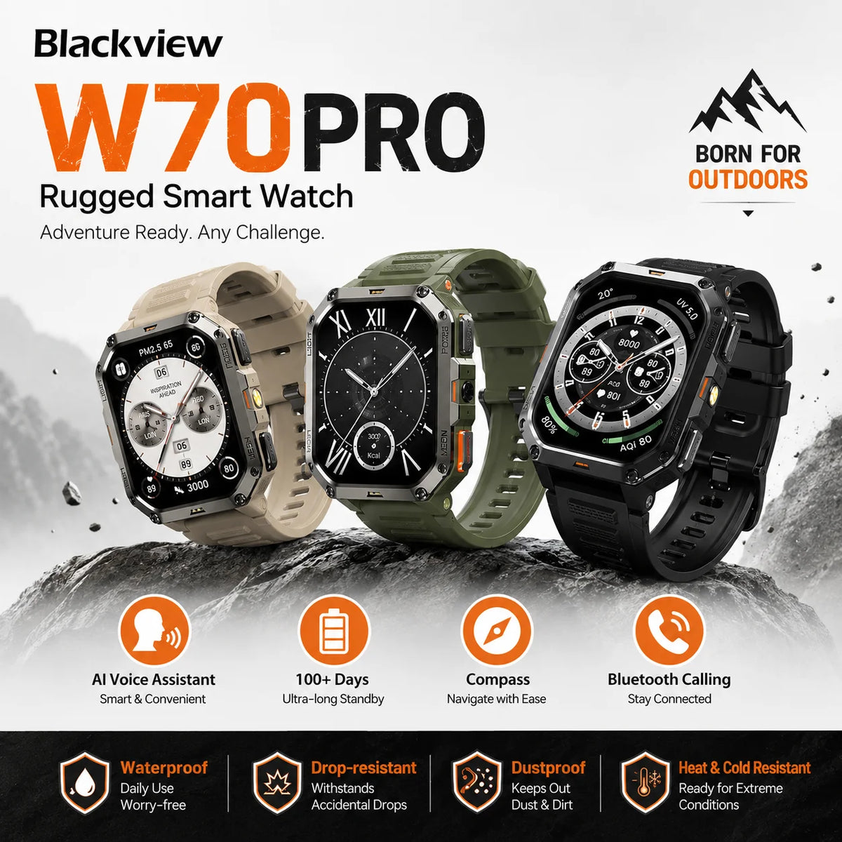 Blackview W70 PRO Robuust GPS Smartwatch AI Assistent Bluetooth Oproep Sport Smartwatch LED Zaklamp voor Buitensporten Armband