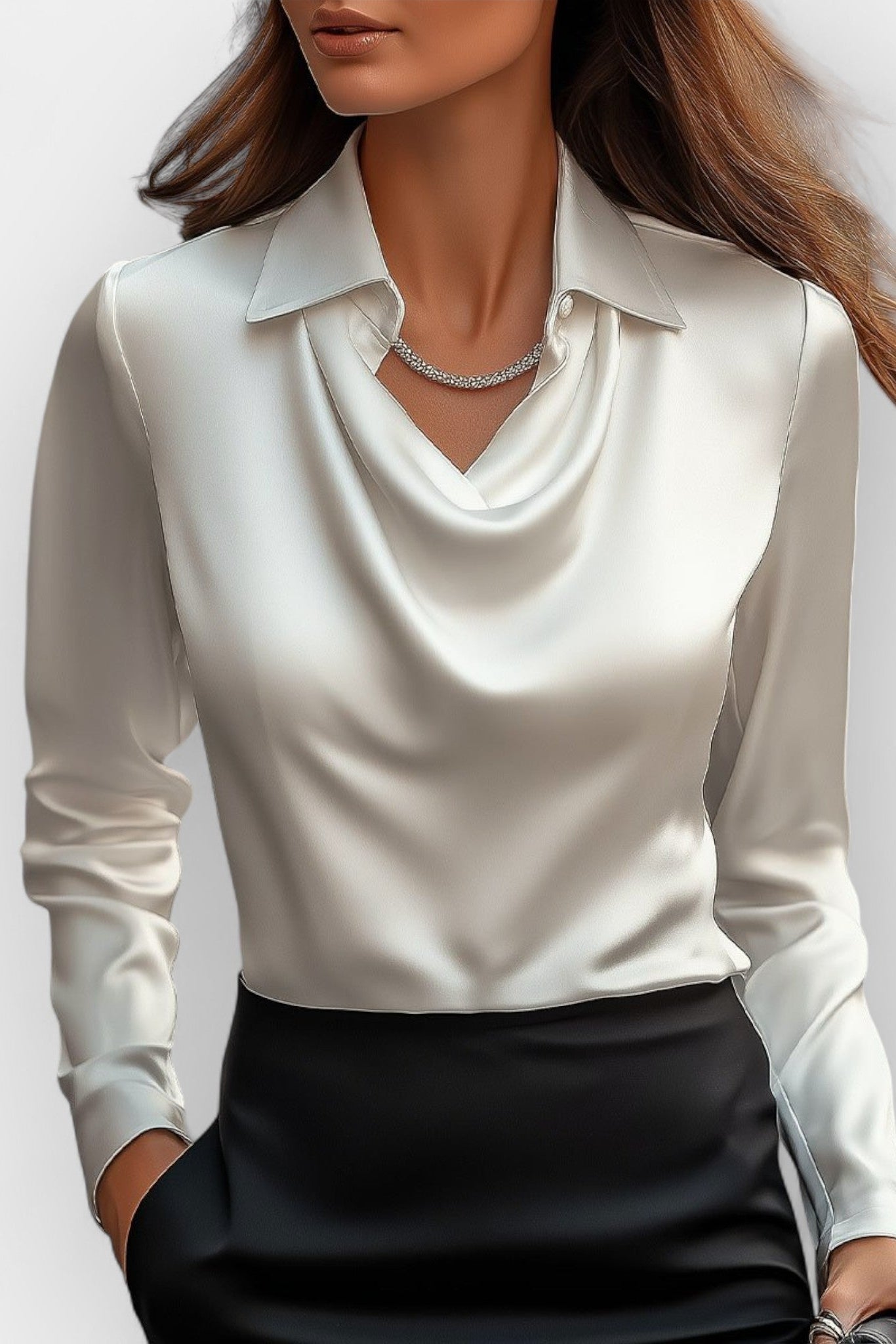 Collared Drape Neck Blouse in Lightweight Weave for Office and Evening | Women's Long Sleeve Smart Top with Elegant Neckline Detail | Koossa