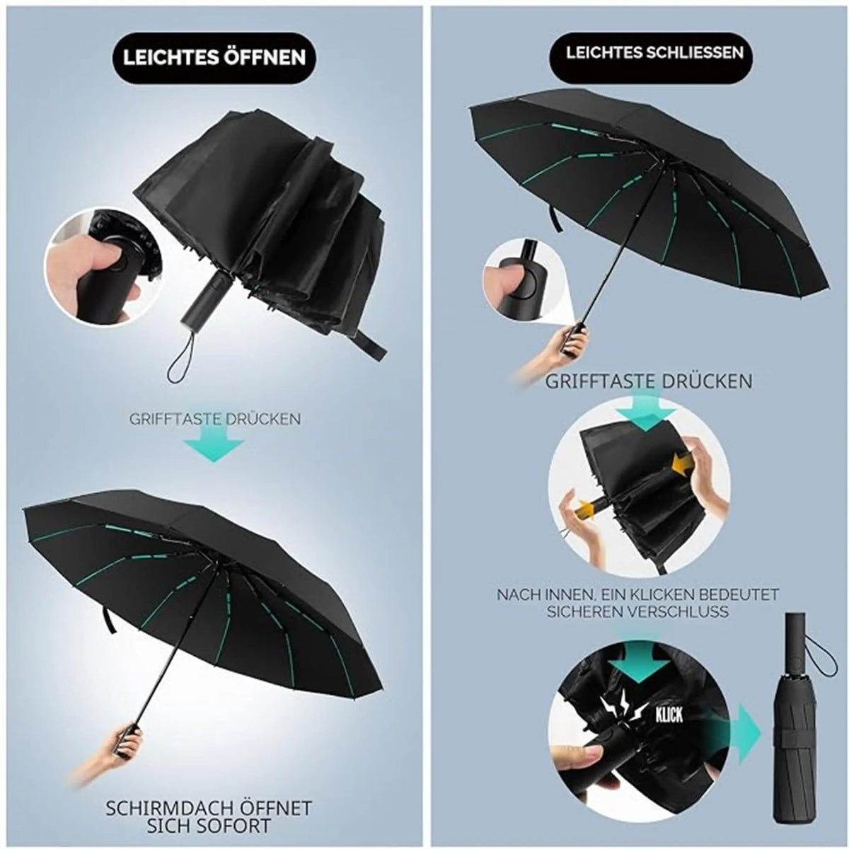 Compact Folding Umbrella with Reinforced 144-Rib Frame – Windproof Travel Umbrella for Rain & Sun – Portable Daily Use Umbrella | Lonoma