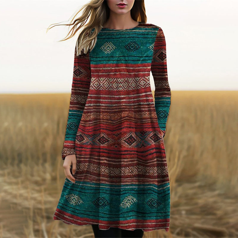 Women's Multicoloured Ethnic Print Midi Dress with Long Sleeves — Versatile Day Dress for Casual & Office Wear | Koossa