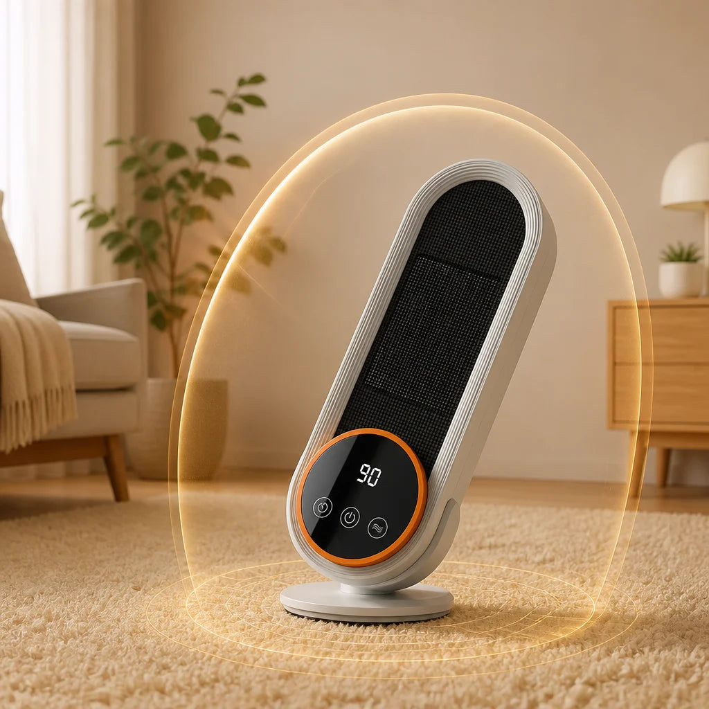 PTC-keramische verwarming met ventilator, snelle opwarming, aanraakbediening, constante temperatuur en automatische uitschakeling bij kantelen.