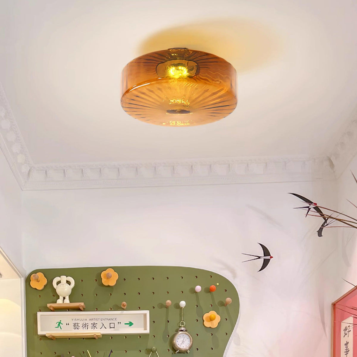 Flush Mount Ceiling Light Amber Glass Shade Vintage Sunburst Pattern for Bedroom Hallway Kitchen Dining Room Hardwired LED Fixture | Lonoma