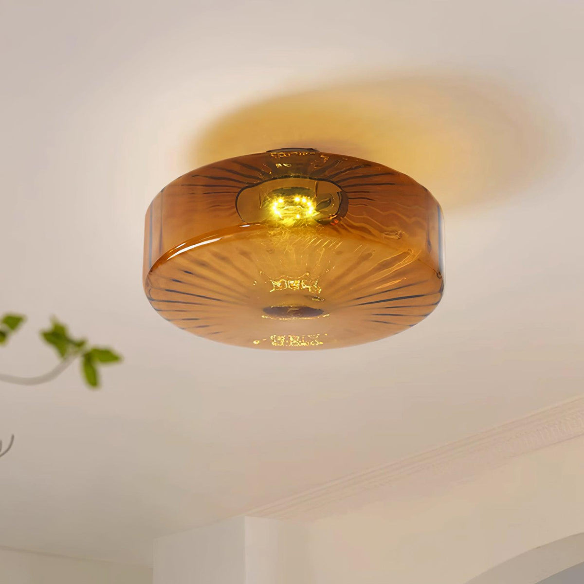 Flush Mount Ceiling Light Amber Glass Shade Vintage Sunburst Pattern for Bedroom Hallway Kitchen Dining Room Hardwired LED Fixture | Lonoma