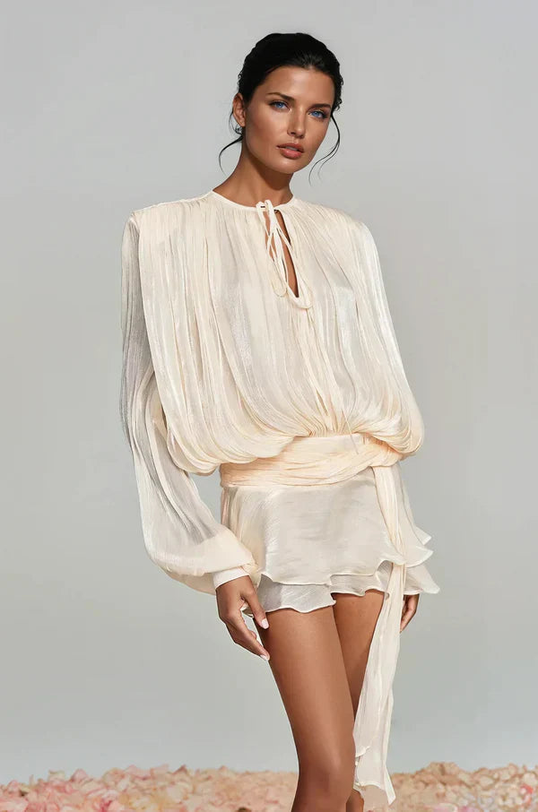Women's Ruffle Mini Dress with Gathered Balloon Sleeves in Soft Apricot for Garden Parties and Summer Occasions | Koossa