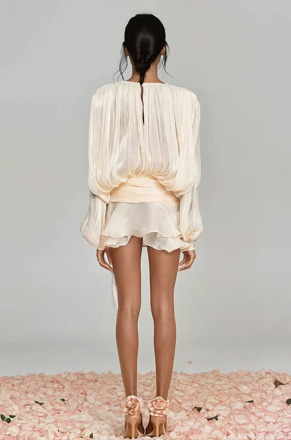 Women's Ruffle Mini Dress with Gathered Balloon Sleeves in Soft Apricot for Garden Parties and Summer Occasions | Koossa