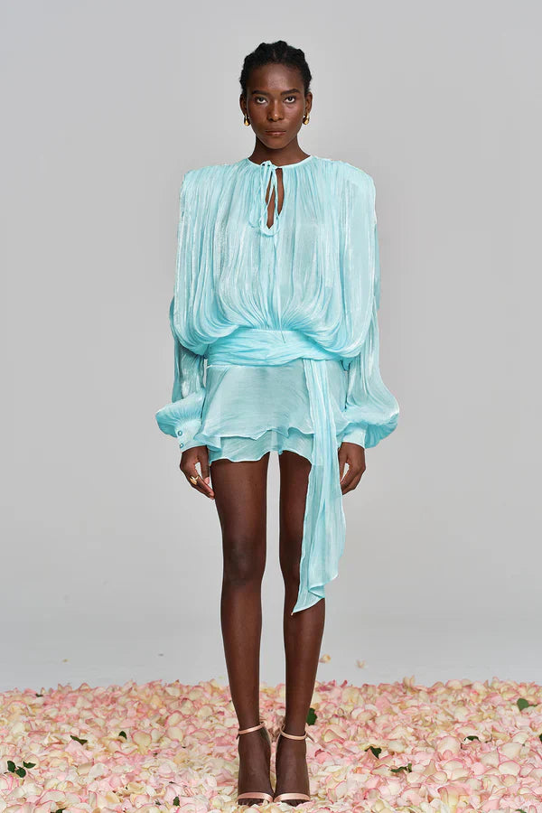 Women's Ruffle Mini Dress with Gathered Balloon Sleeves in Soft Apricot for Garden Parties and Summer Occasions | Koossa