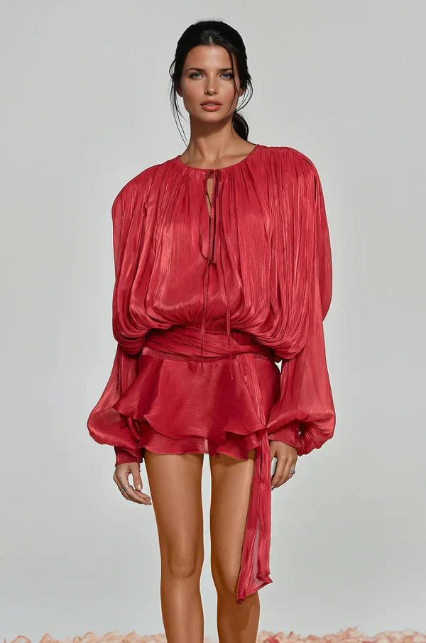 Women's Ruffle Mini Dress with Gathered Balloon Sleeves in Soft Apricot for Garden Parties and Summer Occasions | Koossa