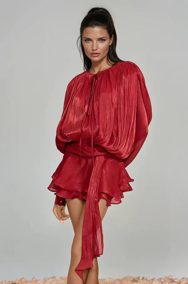 Women's Ruffle Mini Dress with Gathered Balloon Sleeves in Soft Apricot for Garden Parties and Summer Occasions | Koossa
