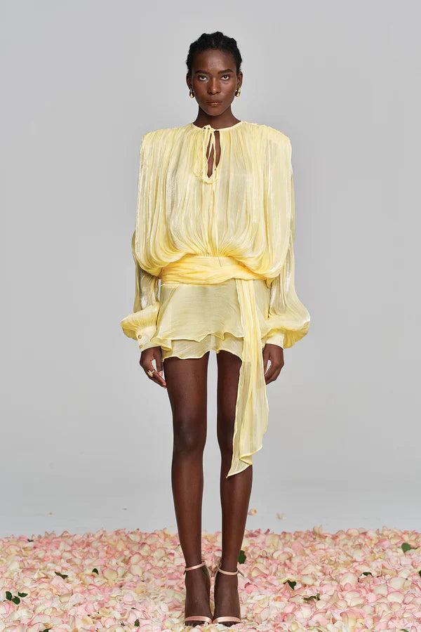 Women's Ruffle Mini Dress with Gathered Balloon Sleeves in Soft Apricot for Garden Parties and Summer Occasions | Koossa