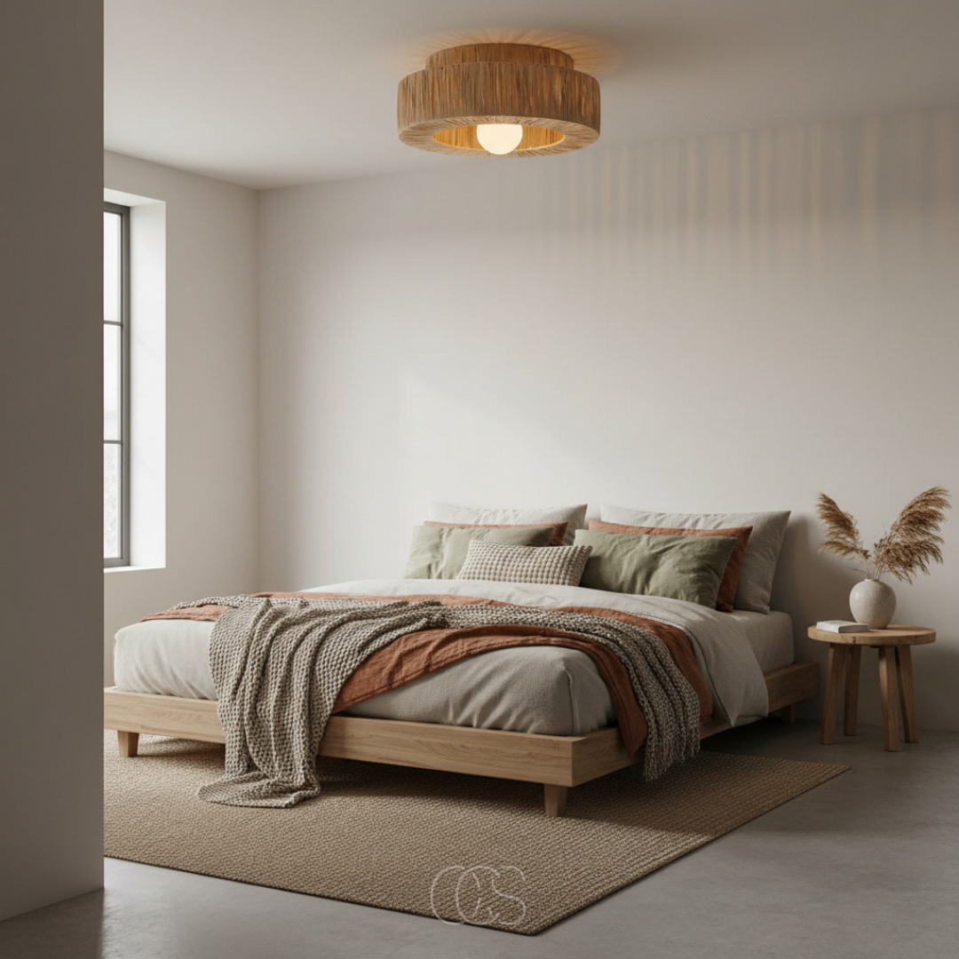 Plafonnier rond en rotin tressé main ambiance naturelle boho scandinave éclairage salon chambre style artisanal | Koossa