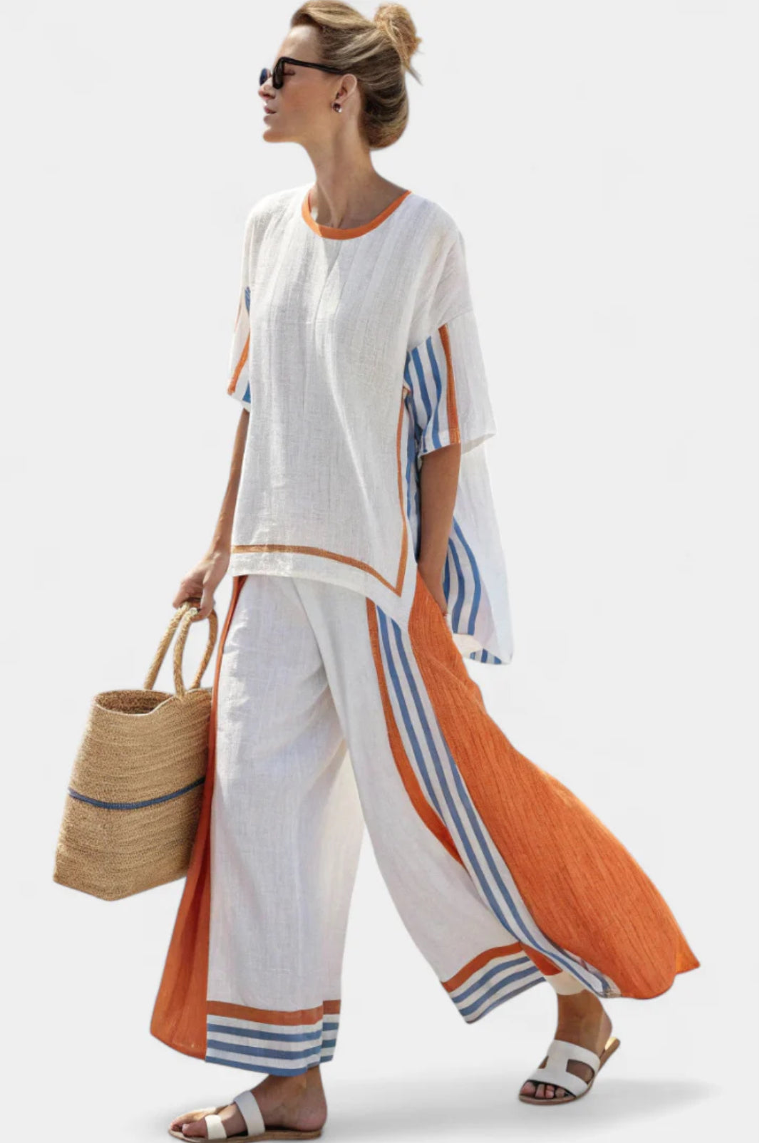 Women's Linen Co-ord Set Striped Top & Wide Leg Trousers Relaxed Summer Two Piece | Koossa