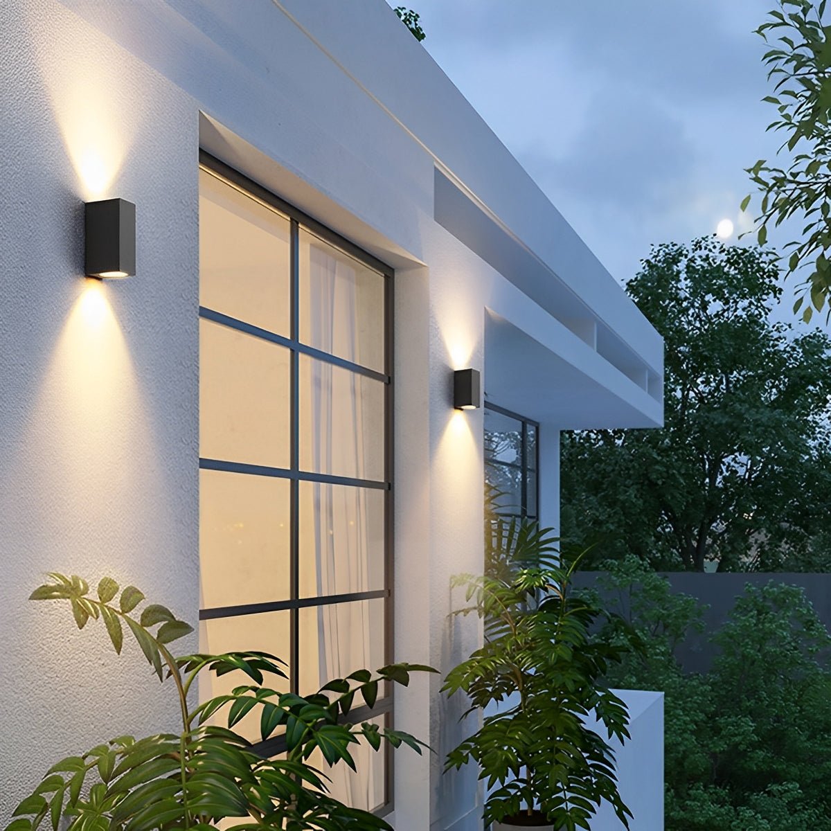 Applique murale extérieure LED carrée double flux lumineux IP65 noir mat éclairage façade terrasse entrée | Koossa