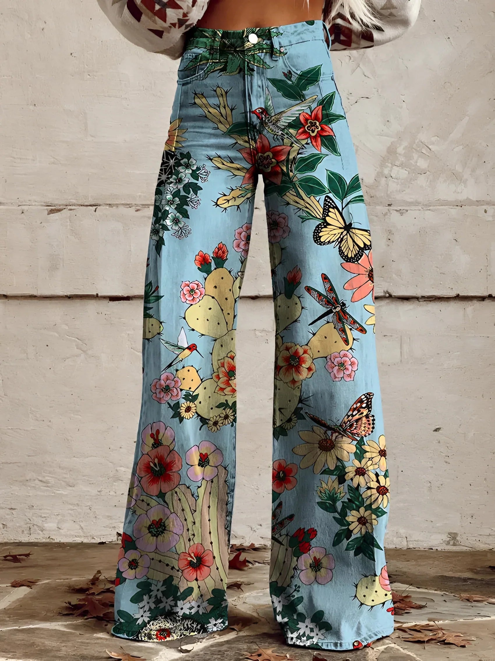 Wide-Leg Floral Printed Jeans with High Waist for Women – Bold Statement Denim Trousers in Artistic Prints | Koossa