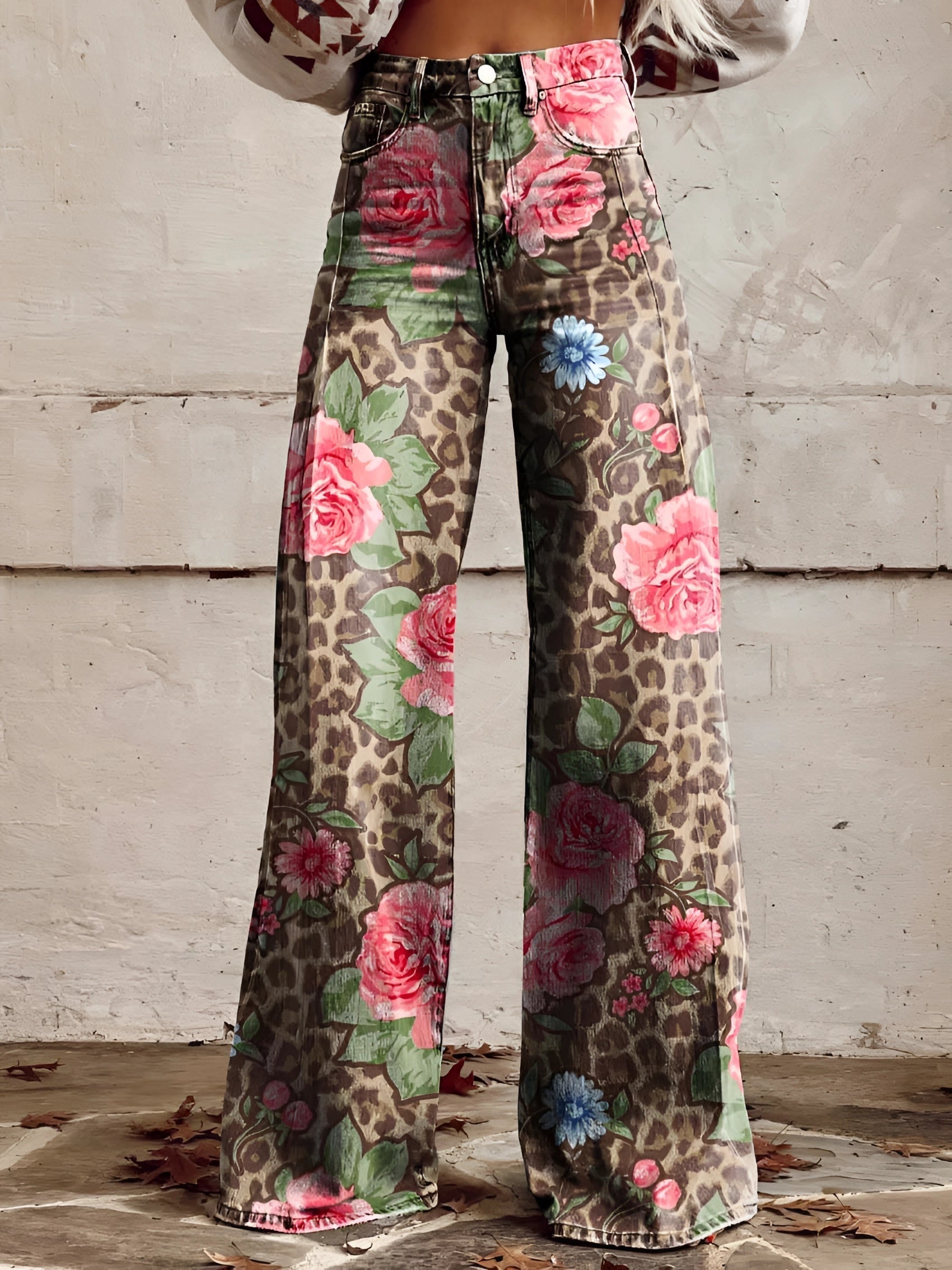 Wide-Leg Floral Printed Jeans with High Waist for Women – Bold Statement Denim Trousers in Artistic Prints | Koossa