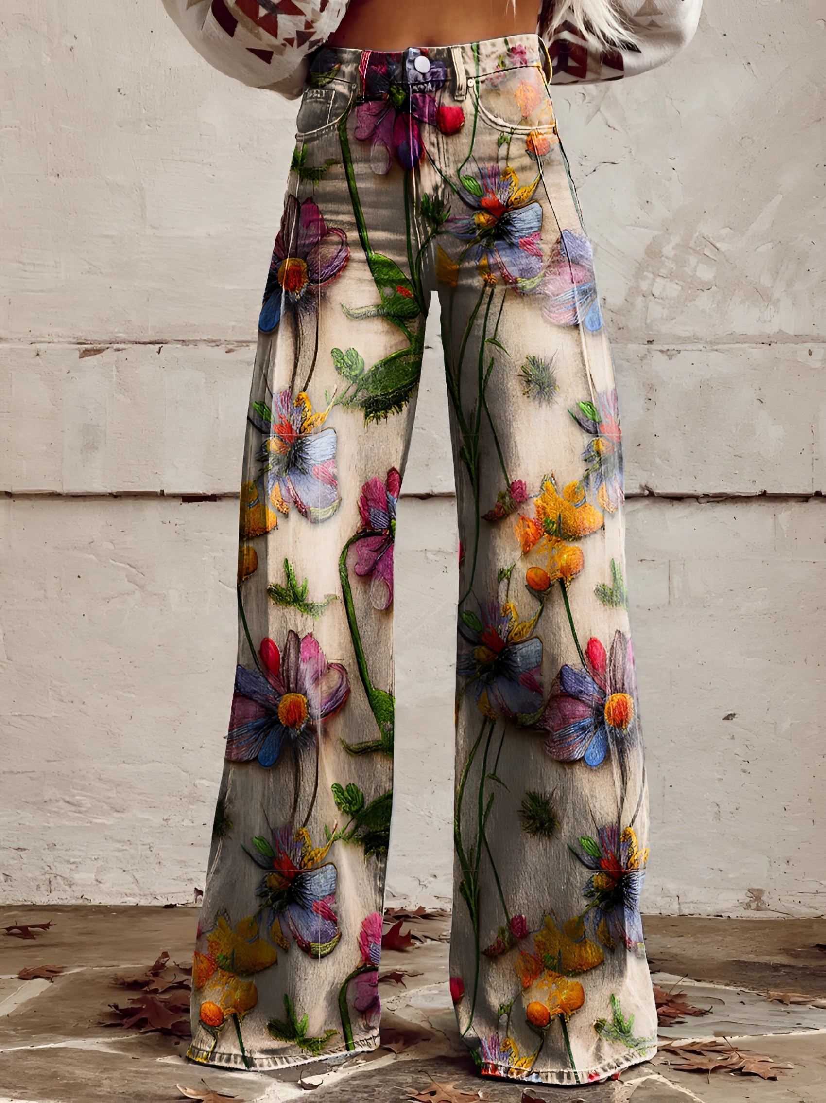 Wide-Leg Floral Printed Jeans with High Waist for Women – Bold Statement Denim Trousers in Artistic Prints | Koossa