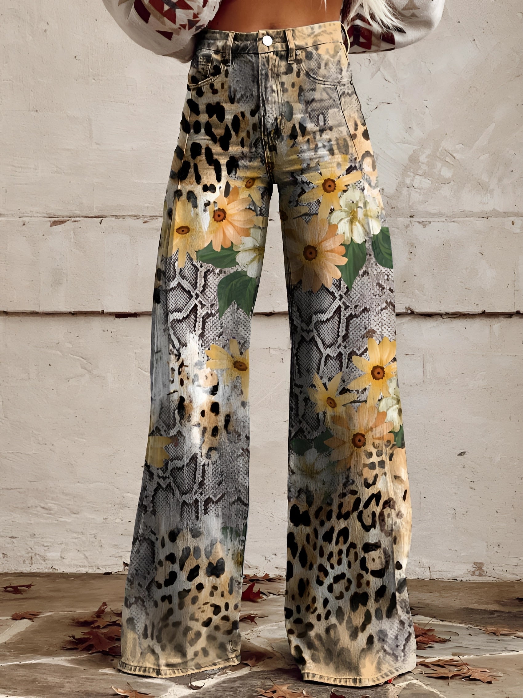Wide-Leg Floral Printed Jeans with High Waist for Women – Bold Statement Denim Trousers in Artistic Prints | Koossa