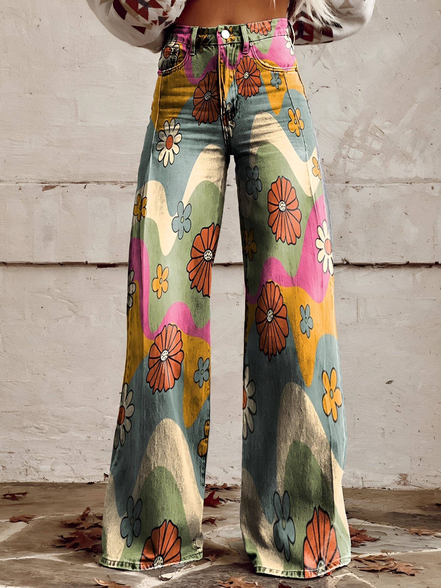 Wide-Leg Floral Printed Jeans with High Waist for Women – Bold Statement Denim Trousers in Artistic Prints | Koossa