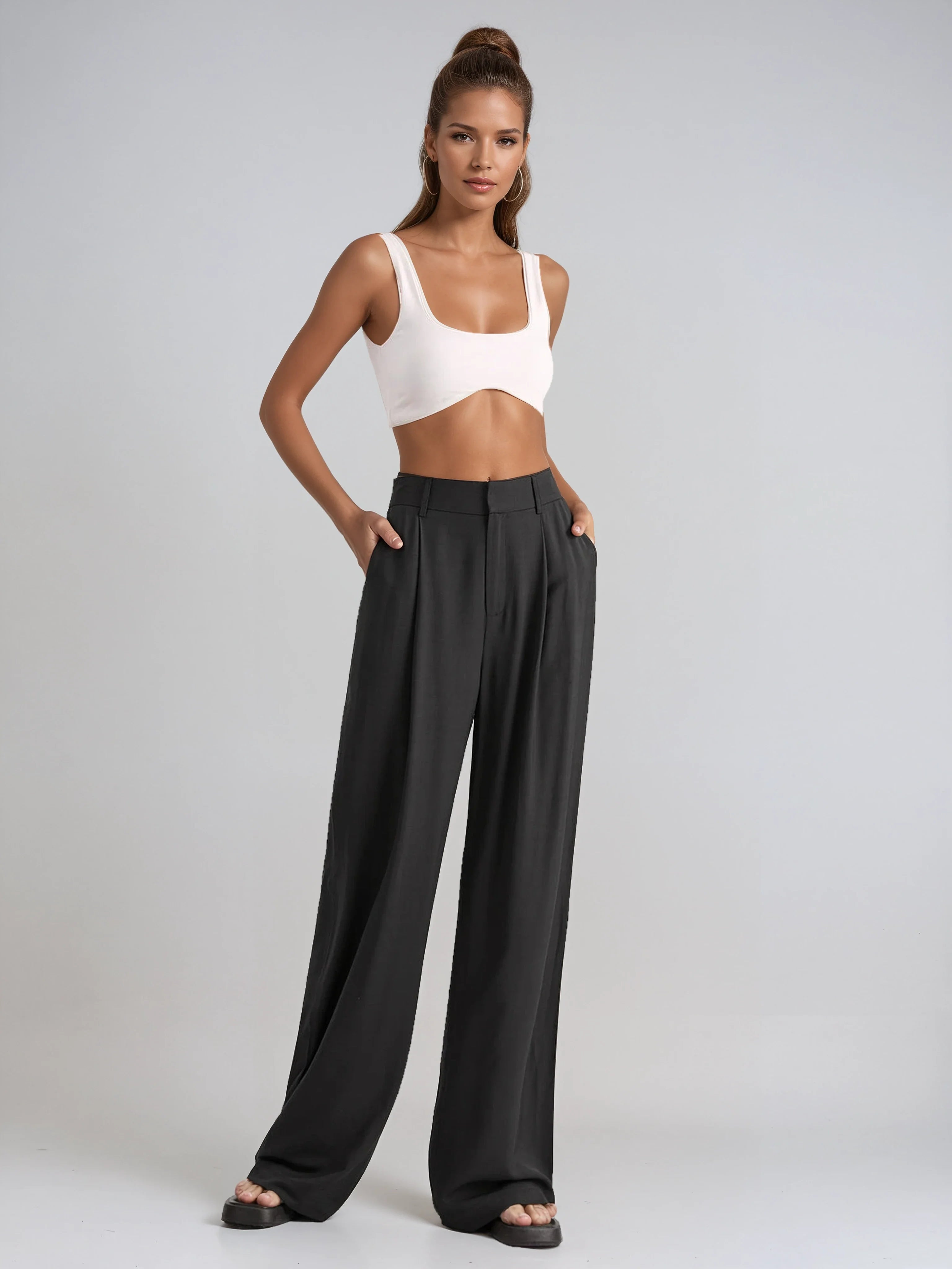 High-Waisted Wide-Leg Trousers in Lightweight Fabric for Smart Casual Elegance | Flowing Palazzo Trousers with Pleated Detail for Women | Koossa