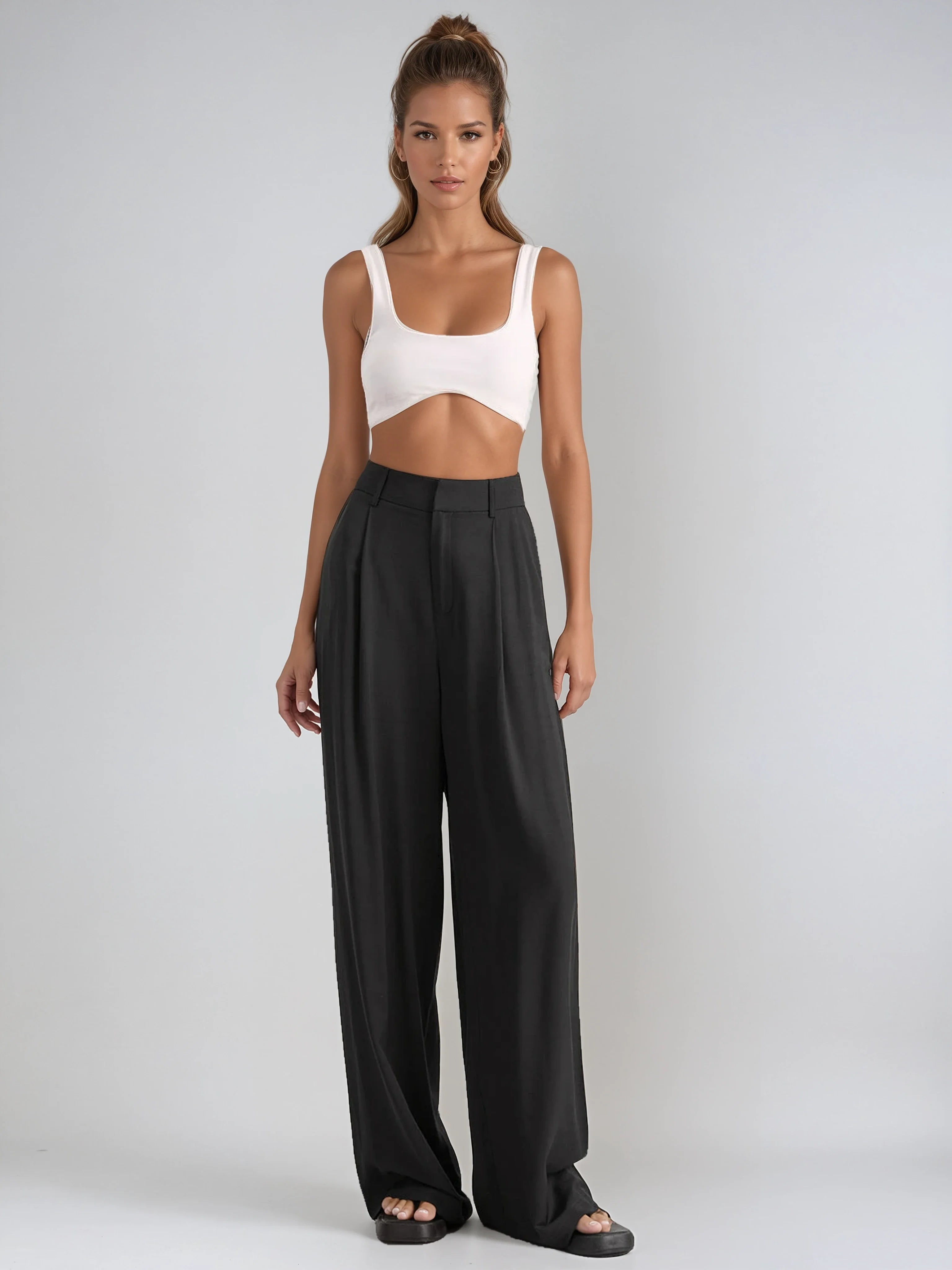High-Waisted Wide-Leg Trousers in Lightweight Fabric for Smart Casual Elegance | Flowing Palazzo Trousers with Pleated Detail for Women | Koossa