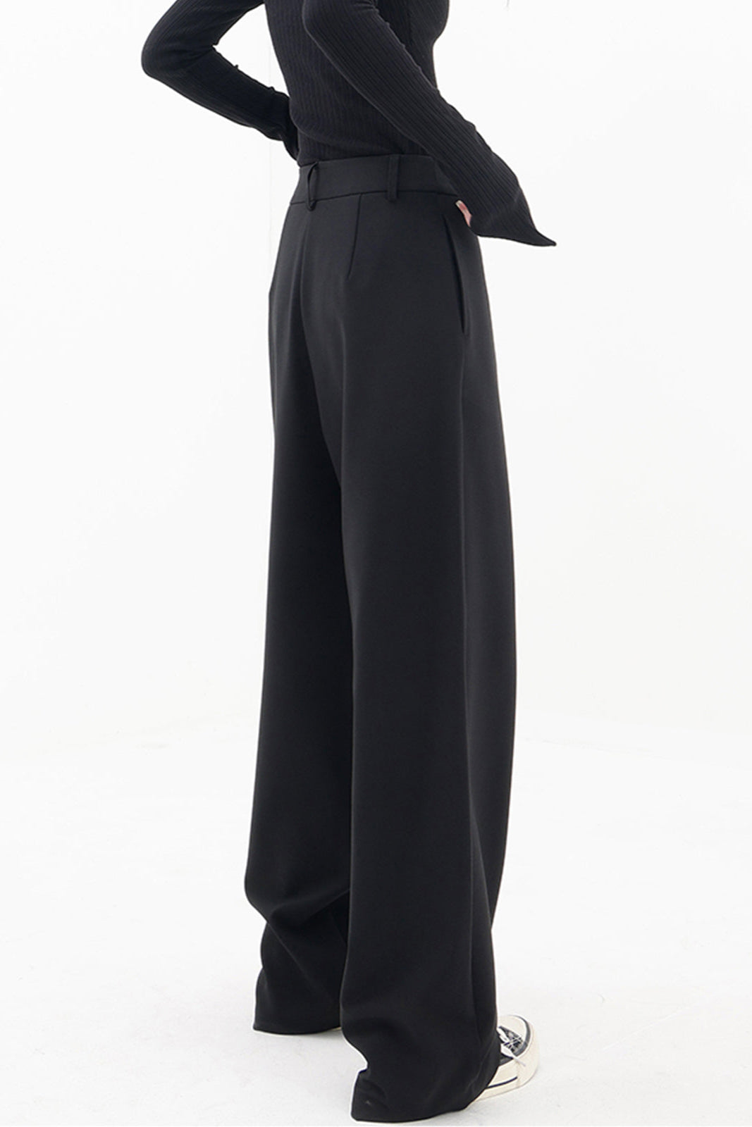 High-Waisted Wide-Leg Trousers with Asymmetric Wrap Detail in Black, Brown & Grey for Work and Evening | Koossa