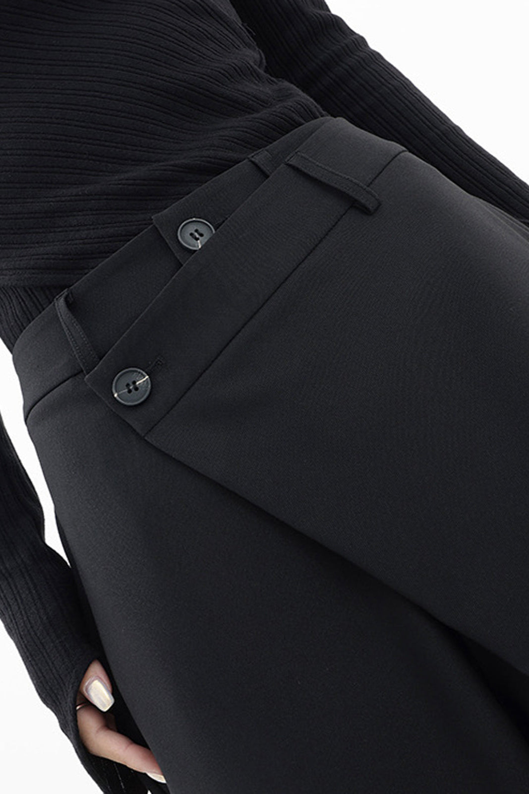 High-Waisted Wide-Leg Trousers with Asymmetric Wrap Detail in Black, Brown & Grey for Work and Evening | Koossa
