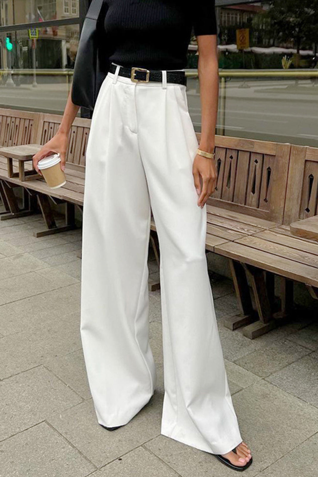 High-Waisted Wide-Leg Trousers in White with Pleated Front for Smart Casual Occasions | Koossa