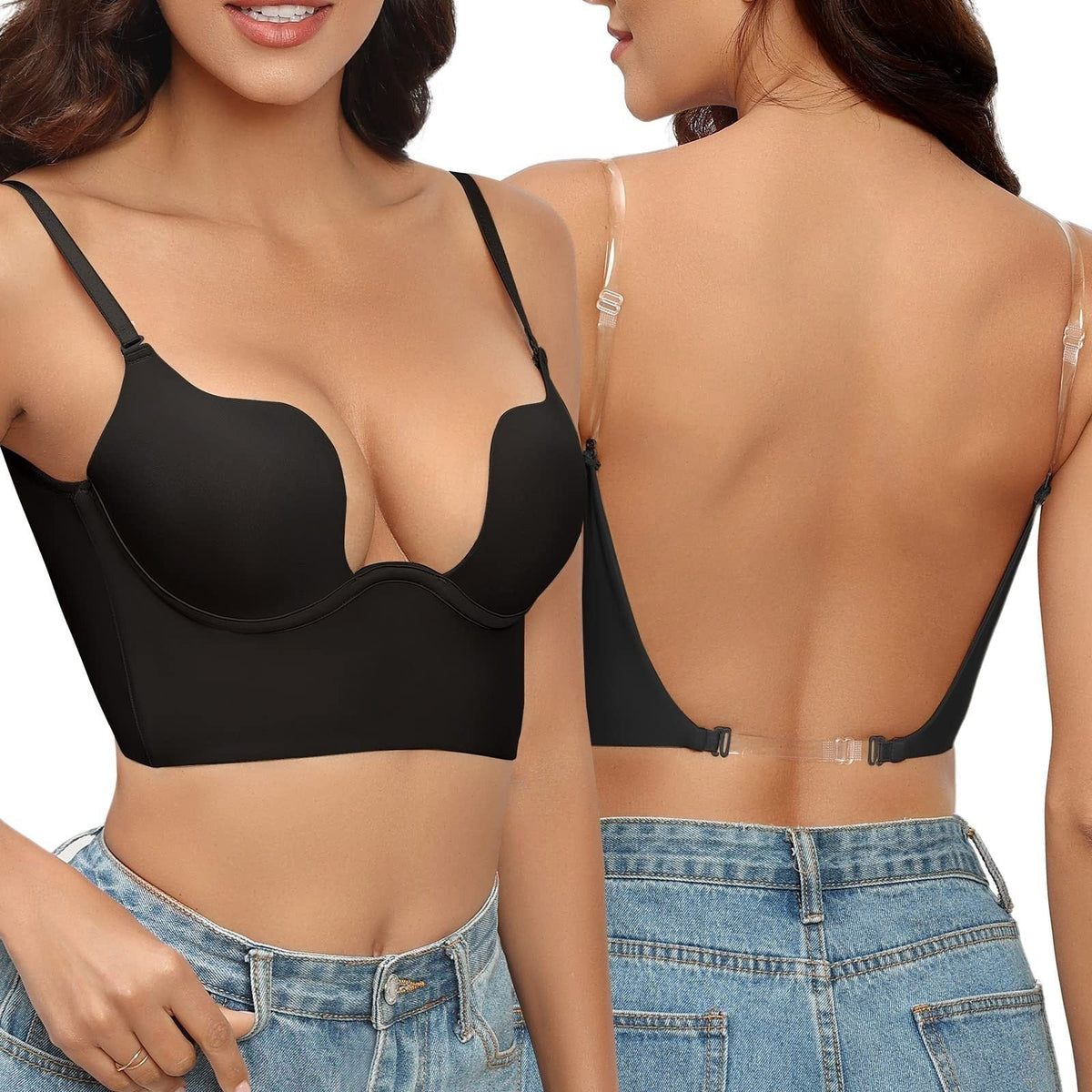 Invisible Clear Strap Plunge Bra Low Back Deep V Neckline Contoured Cups Adjustable Straps Secure Extended Band for Open Back Dresses | Lonoma