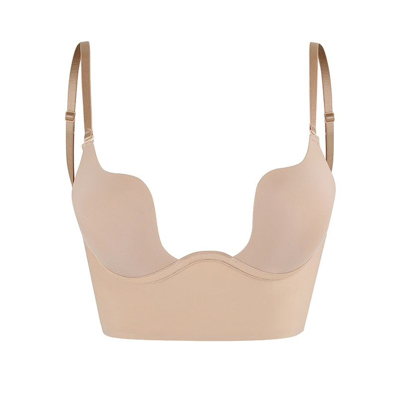 Invisible Clear Strap Plunge Bra Low Back Deep V Neckline Contoured Cups Adjustable Straps Secure Extended Band for Open Back Dresses | Lonoma
