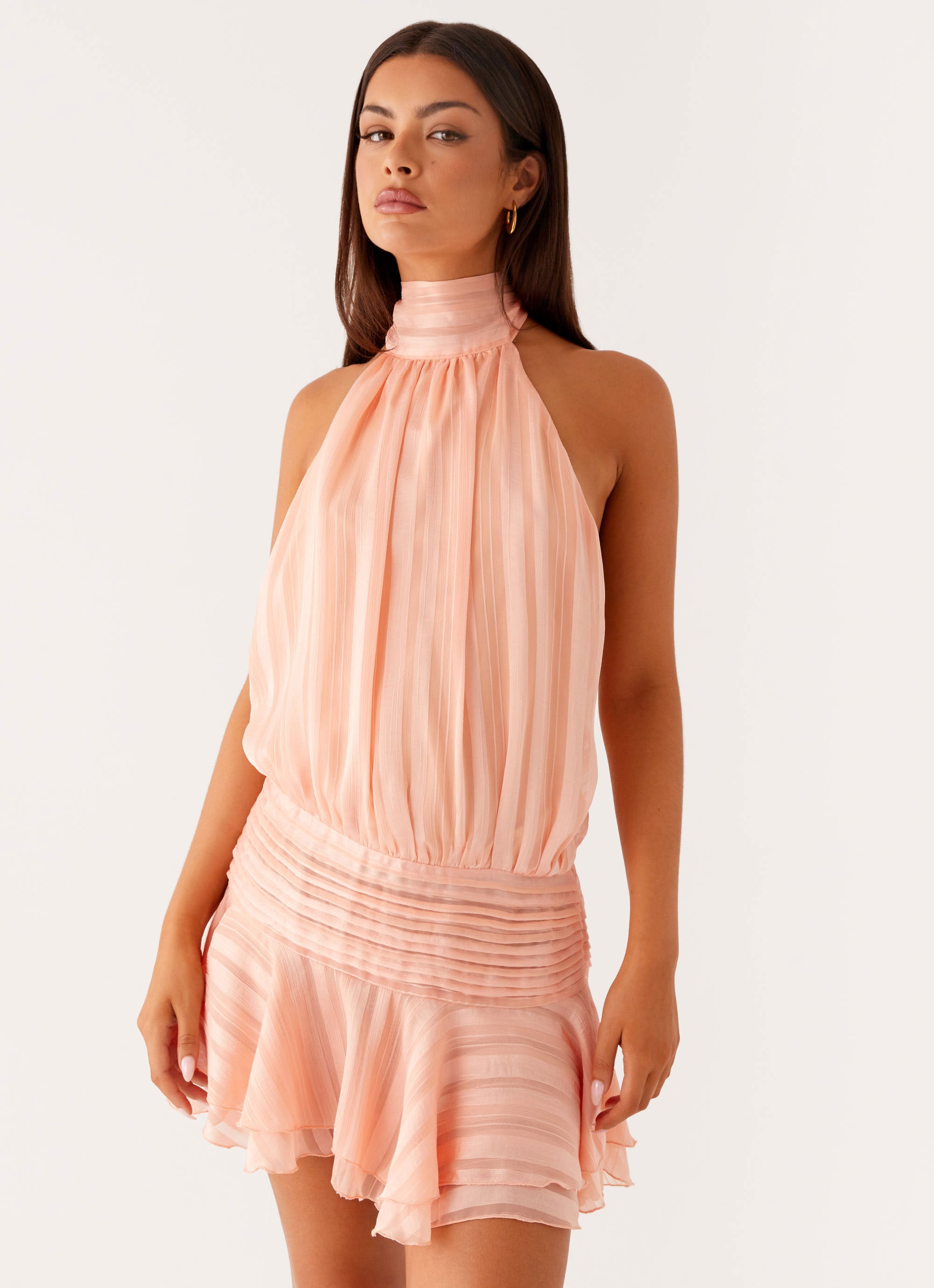 Women's Halter Neck Ruched Mini Dress with Ruffle Detail for Summer Evenings and Cocktail Events | Koossa