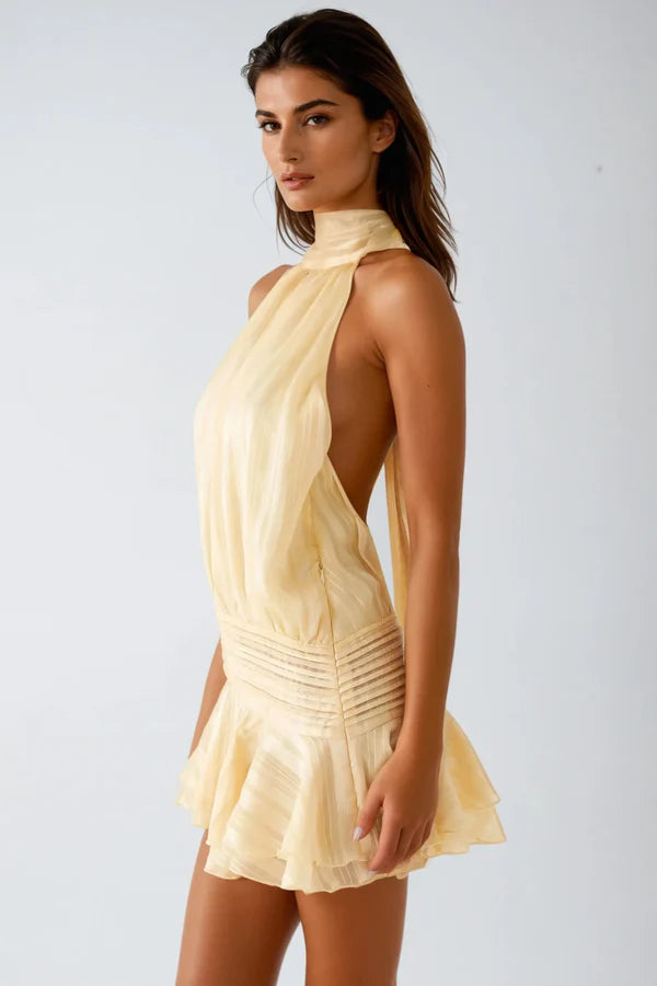 Women's Halter Neck Ruched Mini Dress with Ruffle Detail for Summer Evenings and Cocktail Events | Koossa