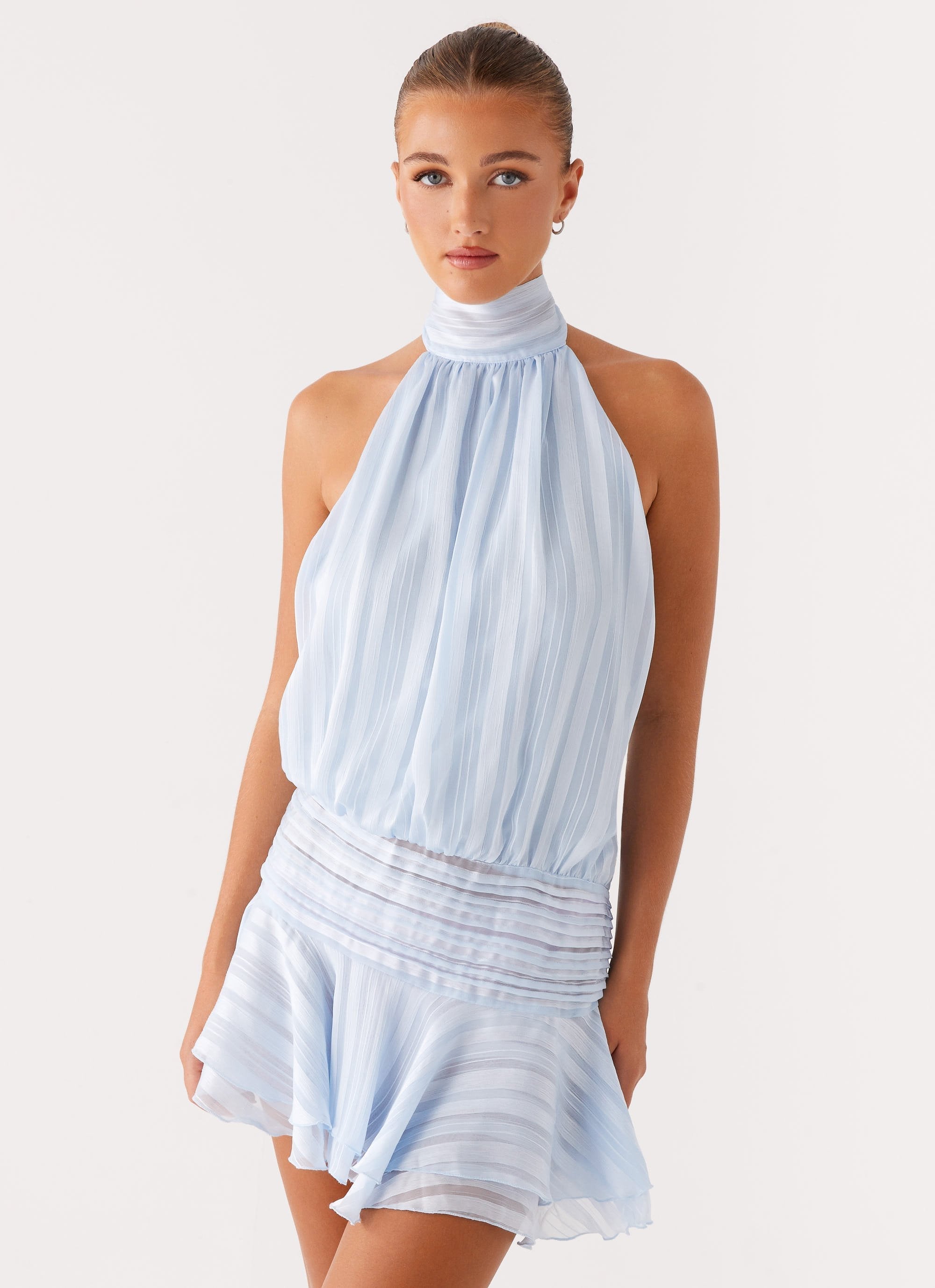 Women's Halter Neck Ruched Mini Dress with Ruffle Detail for Summer Evenings and Cocktail Events | Koossa
