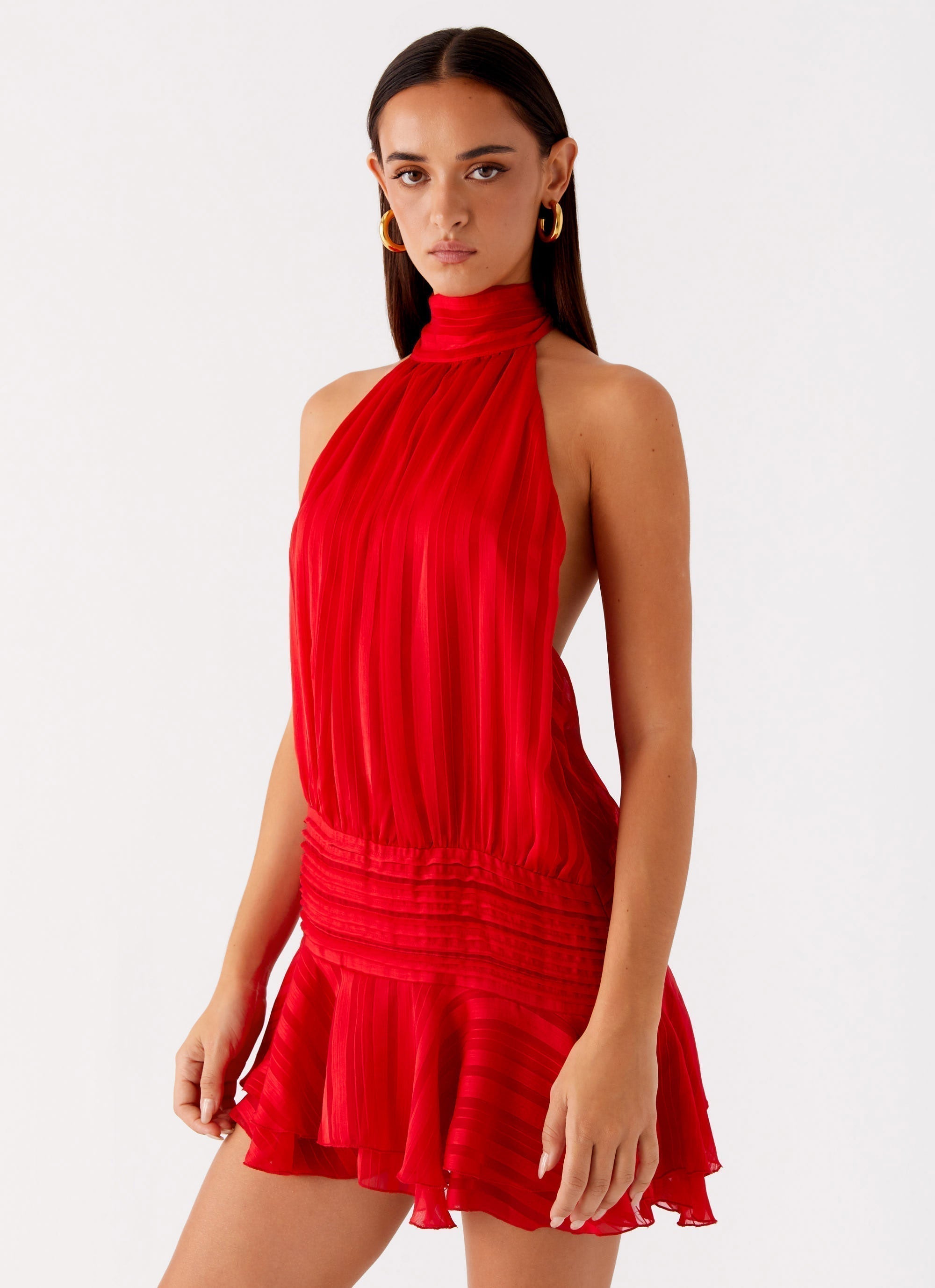 Women's Halter Neck Ruched Mini Dress with Ruffle Detail for Summer Evenings and Cocktail Events | Koossa
