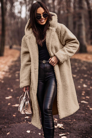 Women's Hooded Teddy Coat — Long Relaxed-Fit Winter Coat with Wide Lapels & Single-Button Front | Koossa