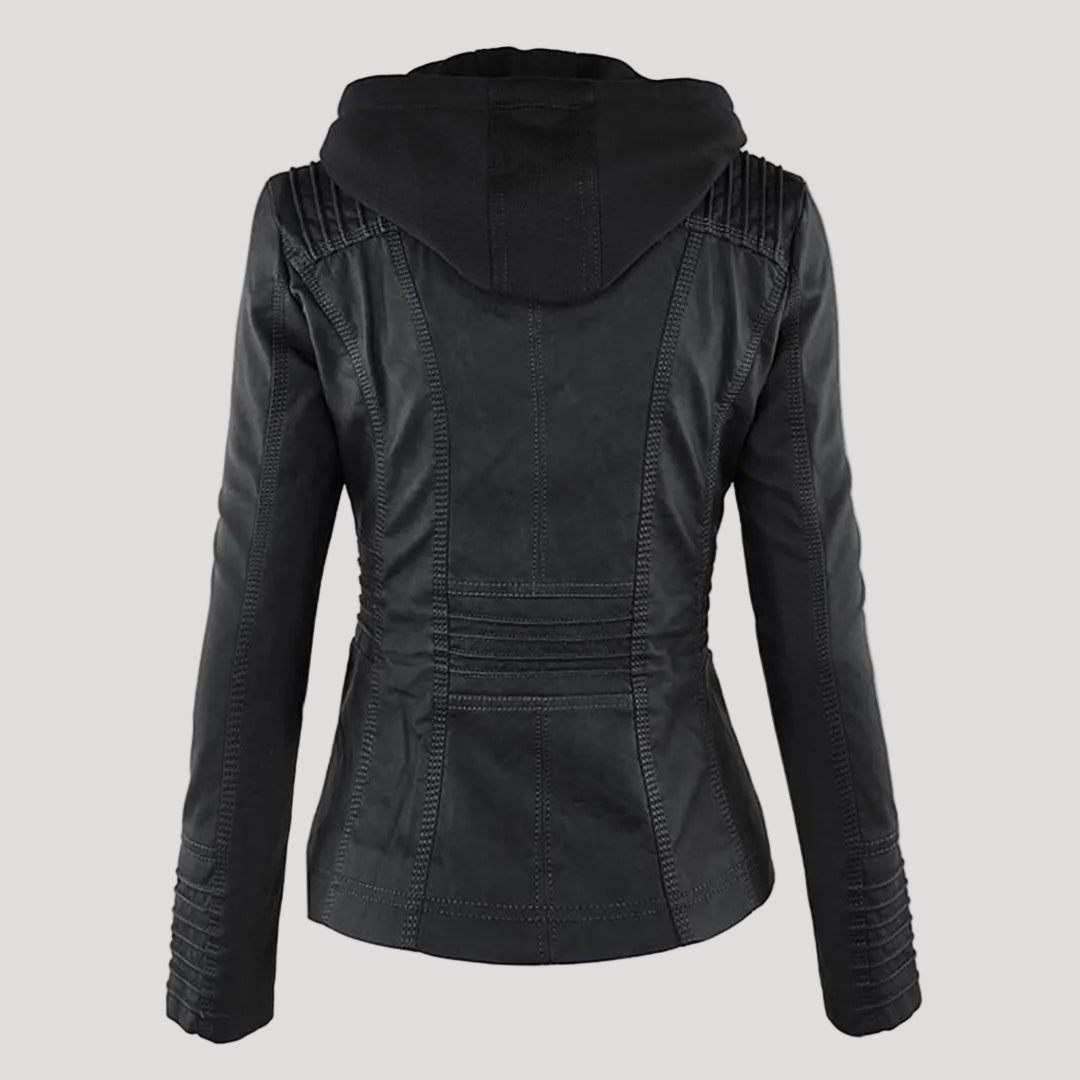 Women's Black Hooded Jacket with Zip & Button Fastening — Weather-Resistant Outerwear for Everyday Elegance | Koossa
