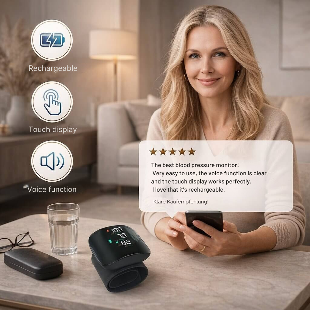 Rechargeable Wrist Blood Pressure Monitor with Voice Assistant and Touch Display for Home Health Tracking | Lonoma