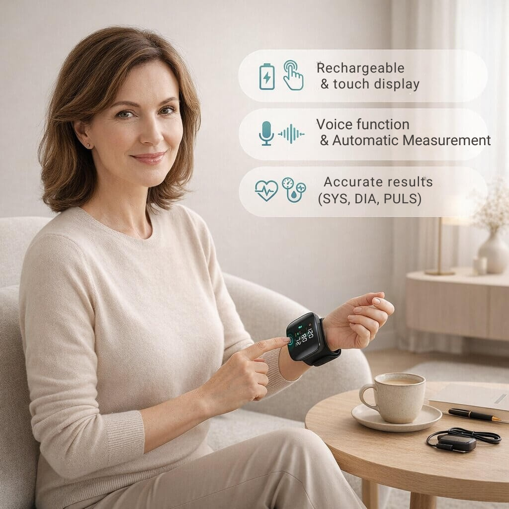 Rechargeable Wrist Blood Pressure Monitor with Voice Assistant and Touch Display for Home Health Tracking | Lonoma