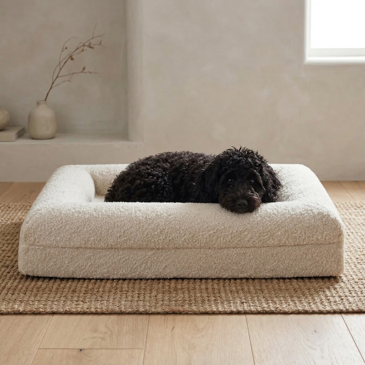 Dog Bed Bouclé Memory Foam Bolster Raised Sides Large Medium Orthopedic Dog Sofa Luxury Washable Cover Indoor Cream | Koossa