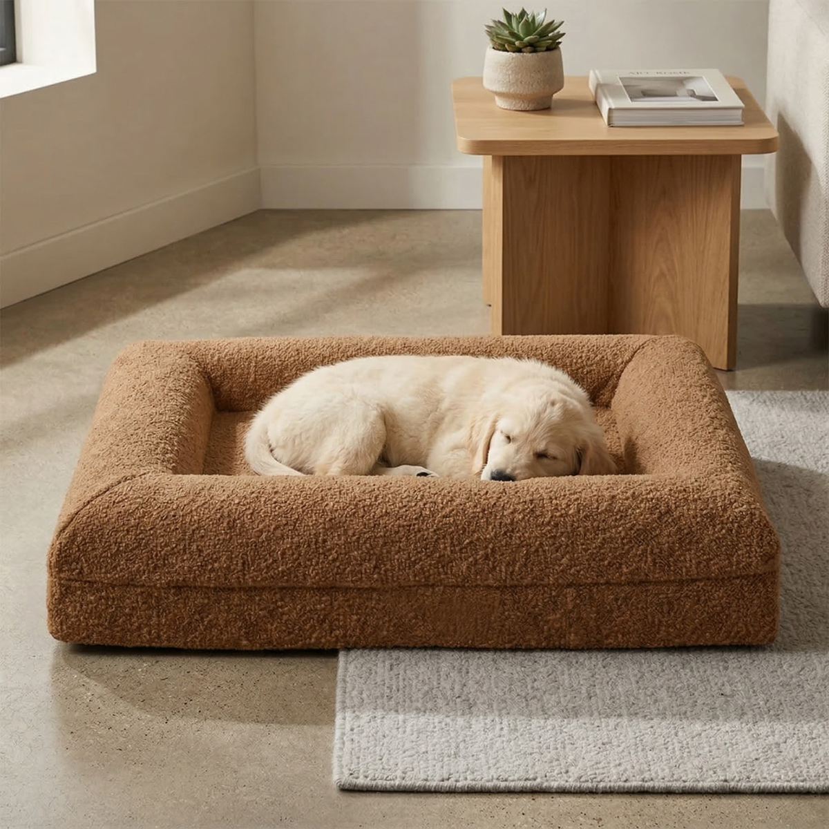 Dog Bed Bouclé Memory Foam Bolster Raised Sides Large Medium Orthopedic Dog Sofa Luxury Washable Cover Indoor Cream | Koossa