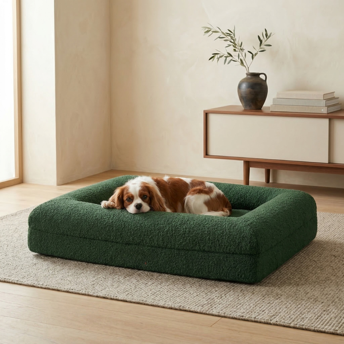 Dog Bed Bouclé Memory Foam Bolster Raised Sides Large Medium Orthopedic Dog Sofa Luxury Washable Cover Indoor Cream | Koossa