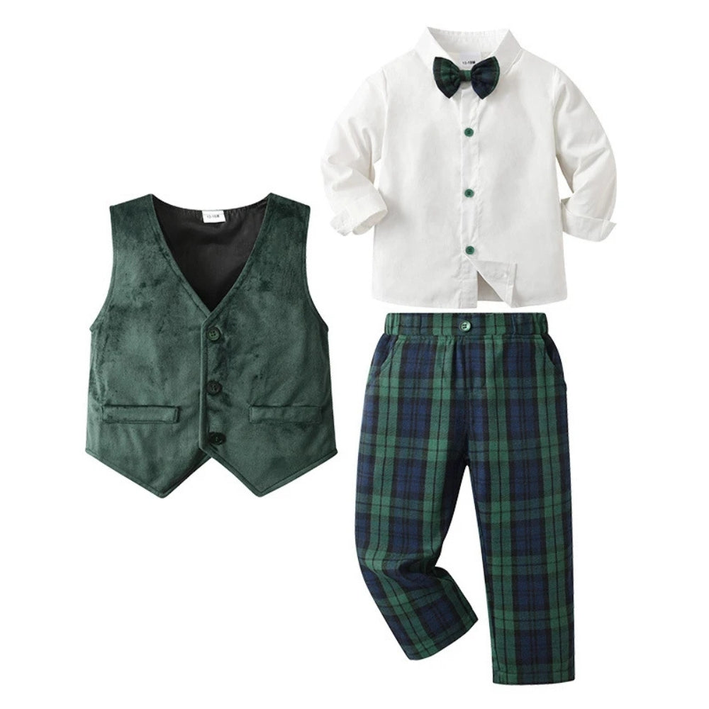 Boys' Three-Piece Formal Suit Set with Shirt, Waistcoat, Trousers and Bow Tie for Special Occasions | Koossa