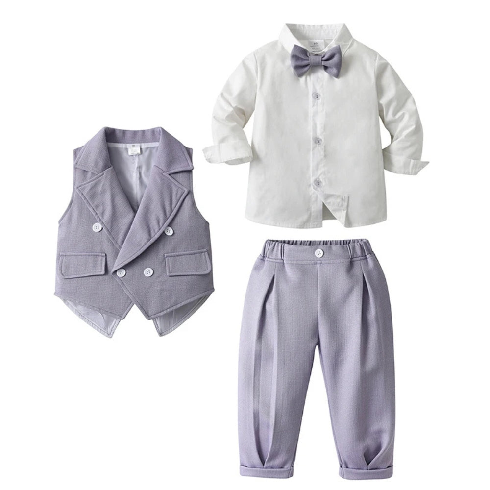 Boys' Three-Piece Formal Suit Set with Shirt, Waistcoat, Trousers and Bow Tie for Special Occasions | Koossa