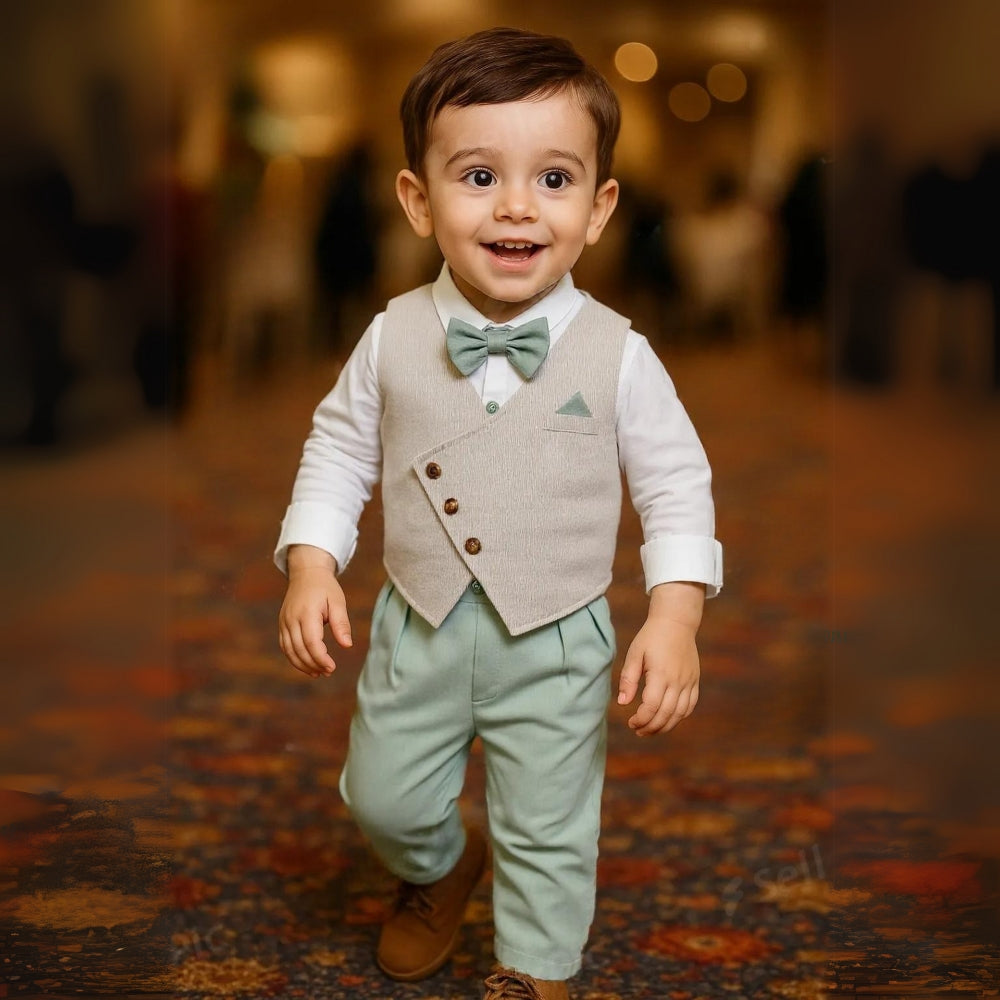 Boys' Three-Piece Formal Suit Set with Shirt, Waistcoat, Trousers and Bow Tie for Special Occasions | Koossa