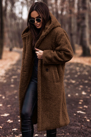 Women's Hooded Teddy Coat — Long Relaxed-Fit Winter Coat with Wide Lapels & Single-Button Front | Koossa